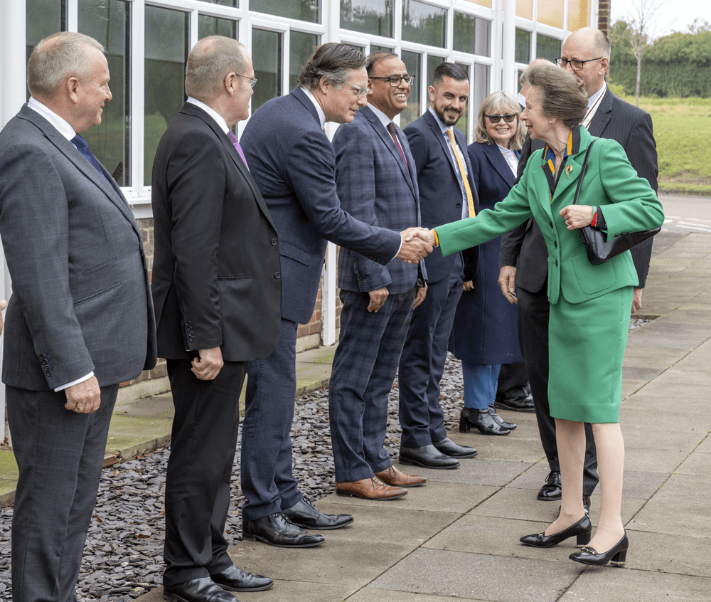 The Princess Royal, Princess Anne meeting Paul Hutchings (ARA, CEO) at ARA Ltd, Bedford. 
